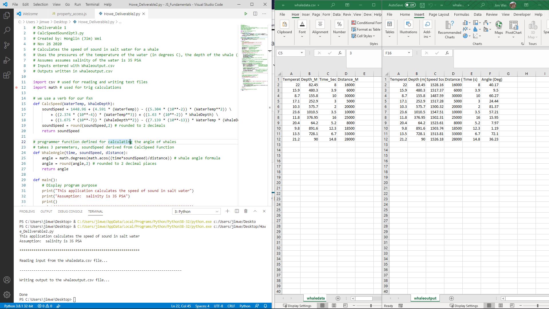Calculating then angle of whale location using CSV entries and Python.