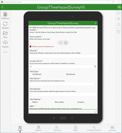 The project began with ESRI's Survey123 form design for tablet